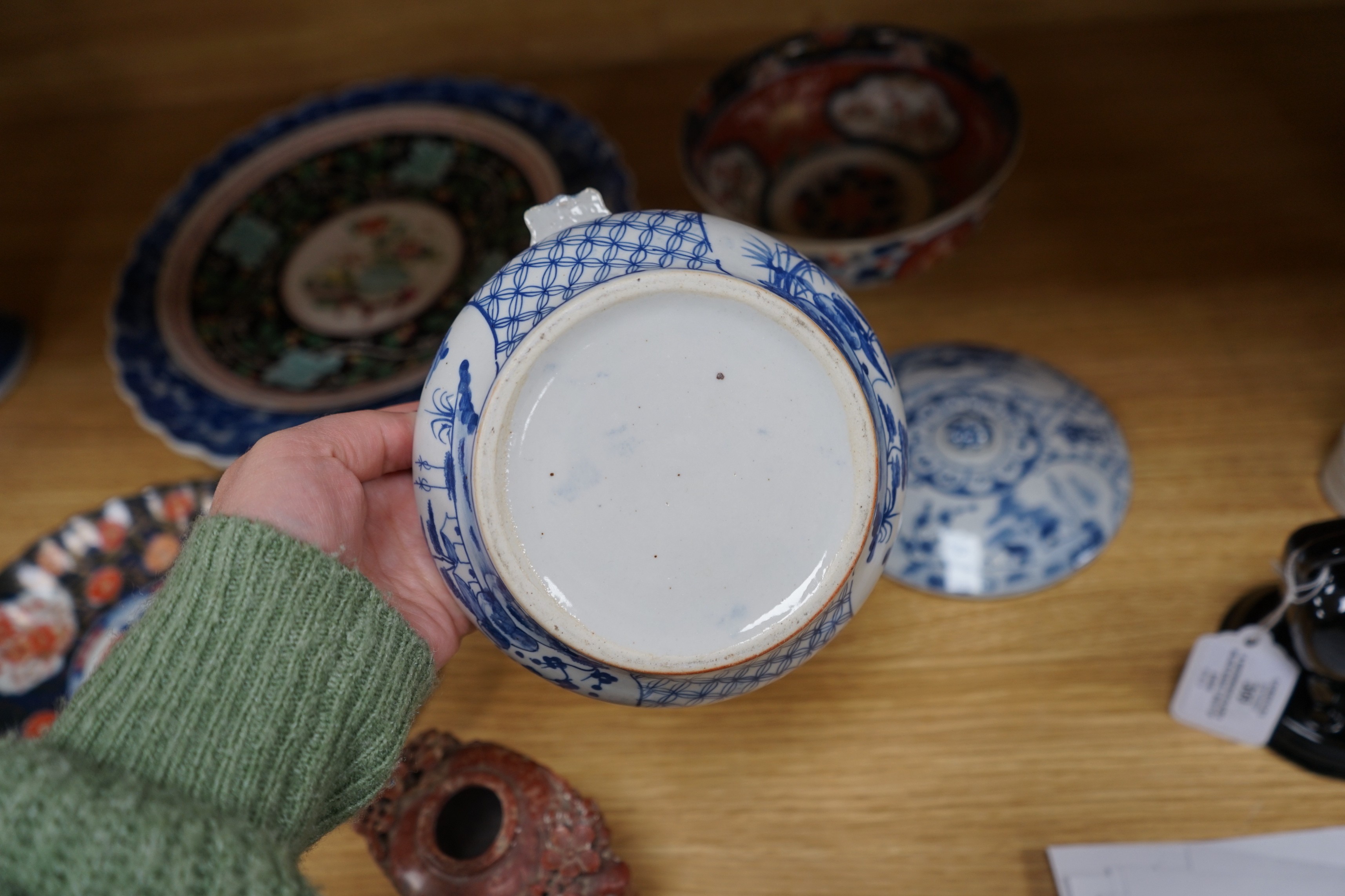 An early 20th century Chinese blue and white prunus vase, group of Chinese, Japanese porcelain Rex Hotel tureens, soapstone wine pot etc